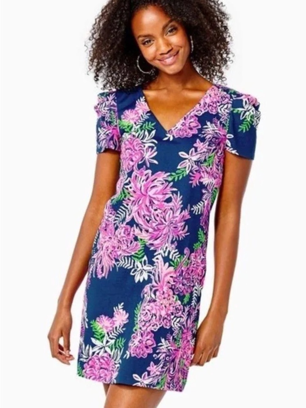Lilly Pulitzer Navy Dress with Hot Pink & Green Floral Print